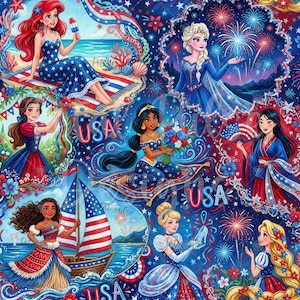 patriotic princess seamless pattern/ 4th of July print/ USA  digital paper file
