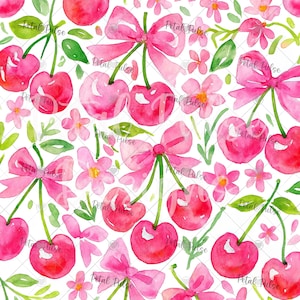 Preppy coquette cherry bow seamless pattern/ watercolor floral digital paper/ Tropical fruit file