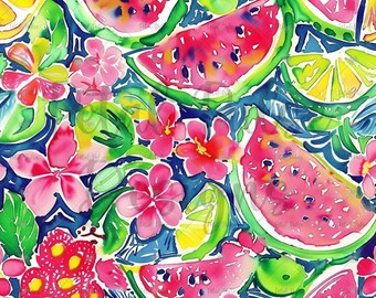 Preppy seamless pattern/ watermelon lemon lime seamless/ watercolor flower Seamless/ Tropical fruit floral seamless/ summer digital paper