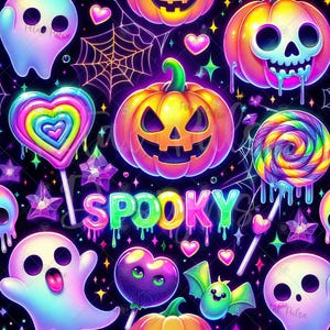 May include: A vibrant pattern featuring neon-colored ghosts, jack-o'-lanterns, melting rainbow lollipops, heart-shaped candies, spiderwebs, and stars on a black background. The word SPOOKY is written in colorful, dripping, bubble-style letters.