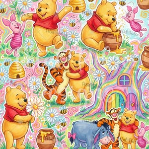 May include: A colorful illustration featuring Winnie the Pooh, Piglet, Tigger, and Eeyore. The design includes honey pots, bees, flowers, and a rainbow-colored tree. The characters are depicted in various poses, creating a cheerful and whimsical scene.