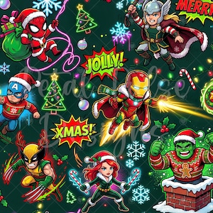 Può includere: Un motivo in tessuto verde scuro con supereroi dei fumetti in abiti natalizi, tra cui Spider-Man, Thor, Captain America, Iron Man, Wolverine, Black Widow e Hulk. I fumetti riportano le scritte JOLLY e XMAS, con luci festive e fiocchi di neve.