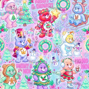 May include: A repeating pattern featuring colourful Care Bears in various holiday outfits, including a gingerbread costume, a Christmas tree suit, and a nutcracker uniform. The design includes Christmas trees, wreaths, snowflakes, and text reading MERRY & BRIGHT and HO HO HO.