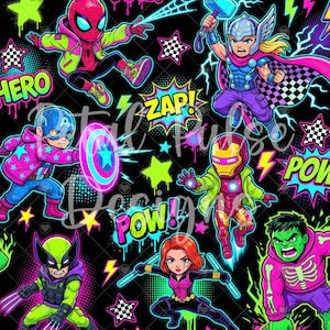 May include: A black fabric pattern featuring chibi-style superheroes including Spider-Man, Thor, Captain America, Iron Man, Wolverine, Black Widow, and Hulk, accented with neon stars, lightning bolts, and comic book text like ZAP and POW.