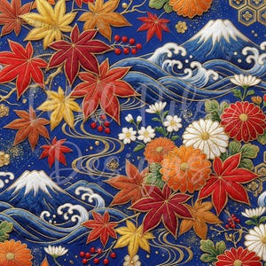 May include: A deep blue fabric featuring an embroidered pattern of red and yellow maple leaves, white and orange chrysanthemum flowers, and stylised blue waves with white foam. The design includes two snow-capped mountains and small red berries.