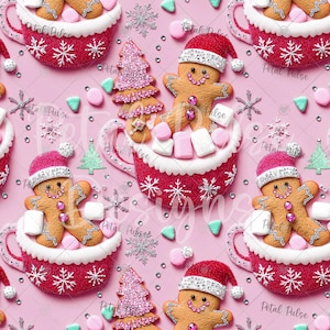 Pink Christmas gingerbread men marshmallow latte seamless pattern/ 3D embroidery snowflake coffee seamless print/ pink winter digital paper