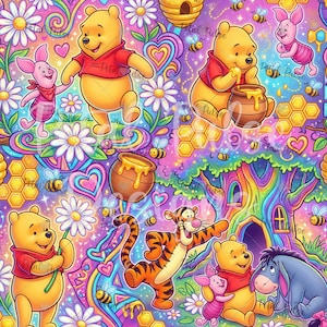 Può includere: Un'illustrazione colorata con Winnie the Pooh, Pimpi, Tigro ed Eeyore. Il design include vasi di miele, api, fiori e una casa sull'albero stravagante, il tutto su uno sfondo psichedelico vibrante. I personaggi sono in varie pose.