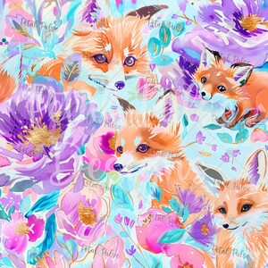 May include: A watercolor design featuring multiple orange foxes amidst a backdrop of purple, pink, and gold flowers. The floral arrangement includes various blooms and foliage, set against a light blue background. The artwork has a whimsical and artistic style.