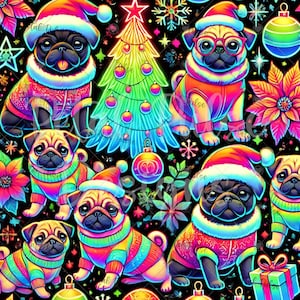 Neon Christmas Pug Seamless Pattern: Fawn, Poinsettia Floral (Digital File)