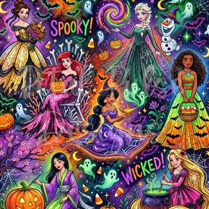 Peut inclure: Une illustration numérique vibrante représentant plusieurs personnages animés en costumes d'Halloween. La scène comprend des citrouilles, des fantômes, des chauves-souris et des bonbons sur un fond sombre et coloré avec le texte SPOOKY et WICKED.