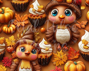 Thanksgiving Turkey seamless print/ 3D embroidery harvest cupcake seamless pattern/ Autumn embroidered pumpkin seamless file/ fall seamless