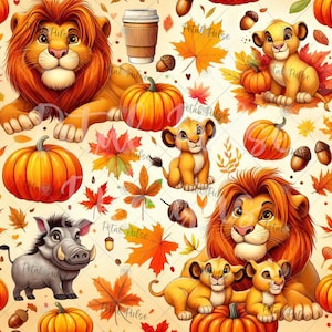 May include: A seamless pattern featuring cartoon lions, a warthog, orange pumpkins, brown acorns, and colorful autumn leaves on a cream background. A brown coffee cup is also included among the scattered seasonal elements and foliage.