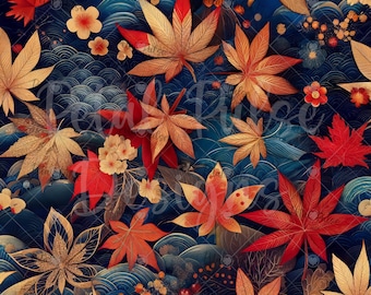 japanese kimono autumn seamless print/ Fall maple leaves ocean wave seamless pattern/ Oriental sakura cherry blossom floral digital paper
