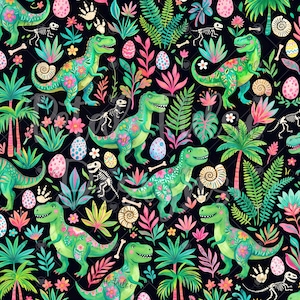 May include: A black fabric pattern featuring green dinosaurs decorated with colorful floral motifs, interspersed with palm trees, tropical plants, dinosaur skeletons, fossils, and patterned eggs. The design includes repeating botanical elements.