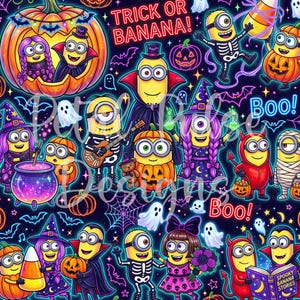 Może przedstawiać: Wzór na ciemnoniebieskiej tkaninie przedstawiający żółte Minionki w różnych kostiumach na Halloween, w tym wampiry, szkielety i czarownice. Projekt zawiera dynie, duchy, nietoperze oraz napis TRICK OR BANANA! i Boo!.
