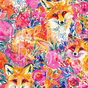 Preppy foxy floral Seamless Pattern/ peony flower animal seamless file/ tropical Summer seamless Print/ Digital Paper fabric sublimation