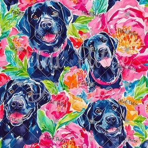 Op de afbeelding: Een herhalend patroon met zwarte Labrador-honden met roze halsbanden, afgewisseld met levendige aquarel-stijl roze, oranje en gele bloemen en groene bladeren. De tekst Petal Pulse is overal in het ontwerp zichtbaar.