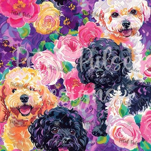 May include: A vibrant pattern featuring four curly-haired dogs in black, white, and golden-brown colors, interspersed with large, colorful pink, yellow, and purple flowers. The text Petal Pulse Designs is overlaid across the floral and canine artwork.