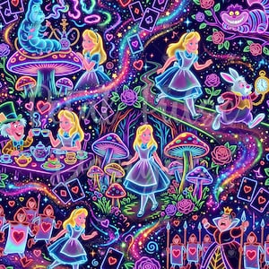 Può includere: Un vivace motivo in tessuto in stile neon con personaggi di Alice nel Paese delle Meraviglie, tra cui il Cappellaio Matto, il Bianconiglio, lo Stregatto e la Regina di Cuori, su sfondo scuro con funghi, carte da gioco e rose luminose.