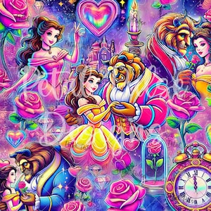 neon beauty beast seamless pattern/ princess reading belle seamless print/ pink purple magical rose book seamless file/ fabric digital paper