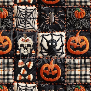 Halloween patchwork plaid embroidery seamless print/ pumpkin spider webs skeleton seamless pattern/ black orange seamless fabric sublimation