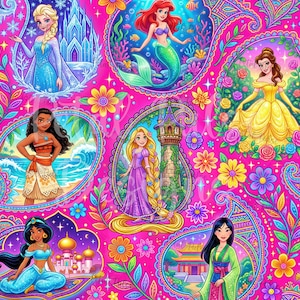 May include: A bright pink paisley pattern featuring illustrations of Disney princesses. The princesses include Elsa, Ariel, Belle, Moana, Rapunzel, Jasmine, and Mulan. The design is filled with colourful flowers and decorative borders.