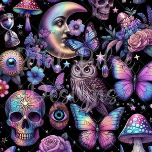 May include: A digital pattern featuring a crescent moon face, skulls, owls, butterflies, mushrooms, roses, and eyes in vibrant purple, blue, and pink hues against a black background. The design includes small stars and an hourglass motif.
