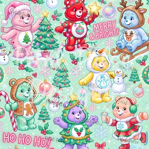Może przedstawiać: Powtarzający się wzór z kolorowymi postaciami Care Bears w świątecznych strojach, choinkami, bałwanami, bombkami i płatkami śniegu na jasnym zielonym tle. Tekst MERRY & BRIGHT oraz HO HO HO jest nadrukowany w kolorze różowym.