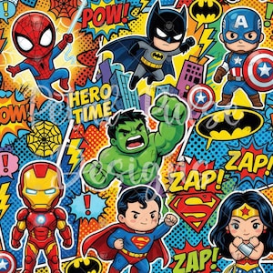 以下が含まれることがあります： スパイダーマン、バットマン、キャプテン・アメリカ、ハルク、アイアンマン、スーパーマン、ワンダーウーマンなど、様々なスーパーヒーローが登場する、カラフルなコミック風イラスト。背景には「POW！」や「ZAP！」の文字が入った吹き出しがあります。
