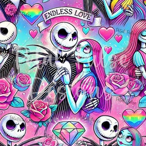 May include: A repeating pattern featuring Jack Skellington and Sally characters in a colourful, vibrant setting. The design includes pink roses, rainbow-coloured hearts, diamonds, and a banner with the text ENDLESS LOVE in black letters.