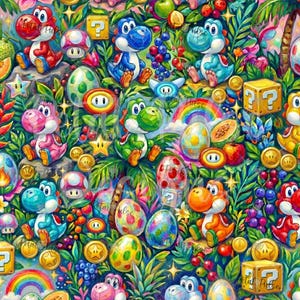 May include: A vibrant, colorful pattern featuring multiple Yoshi characters in various colors, including red, blue, green, pink, and orange, interspersed with yellow question mark blocks, gold coins, rainbows, mushrooms, and patterned eggs.