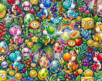 Könnte beinhalten: Ein lebhaftes, farbenfrohes Muster mit mehreren Yoshi-Figuren in verschiedenen Farben, darunter Rot, Blau, Grün, Pink und Orange, durchsetzt mit gelben Fragezeichen-Blöcken, Goldmünzen, Regenbögen, Pilzen und gemusterten Eiern.
