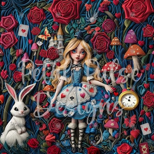 Alice im Wunderland Faux Stickerei Seamless / Floral Magical Princess Seamless Pattern Rapport / Rosenblume Digitales Papier für Stoffdruck