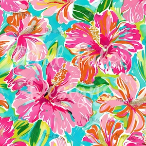 May include: A vibrant floral pattern featuring large hibiscus flowers in shades of hot pink, bright orange, and yellow, set against a turquoise background with green leaves. The repeating design includes the text Petal Pulse Designs.