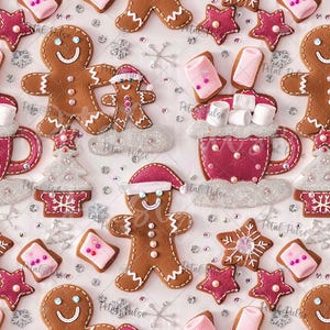 borduurwerk kerst peperkoek mannen marshmallow naadloos patroon/3D latte sneeuwvlok koffie naadloze print/roze winter digitaal papieren bestand