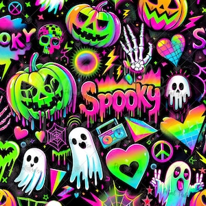 Naadloos neon Halloween-patroon uit de jaren 90 / Y2K cyberpunk spookpompoen digitaal papierbestand / Synthwave Jack O' Lantern Vaporwave holografische print