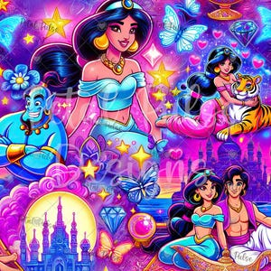 motivo senza cuciture principessa Jasmine neon/ stampa senza cuciture genio arabo Aladdin/ file senza cuciture farfalla magica viola/ carta digitale per tessuto