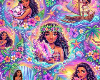 Ocean princess Seamless pattern/ moana print/ tropical hibiscus floral beach digital paper