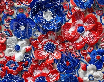Fleurs en dentelle patriotique Broderie sans couture/ Fleurs du 4 juillet sans couture/ Fête de l'indépendance Fausse broderie en feutre sans couture/ Impression sur tissu
