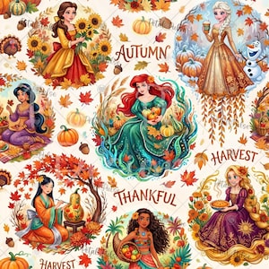 May include: A repeating pattern featuring various animated characters in autumn-themed settings with pumpkins, sunflowers, fall leaves, and acorns. The design includes text elements reading AUTUMN, HARVEST, and THANKFUL, set against a light background.