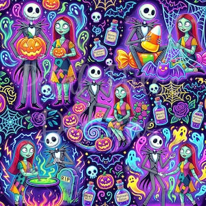 May include: A vibrant pattern featuring characters with skeletal faces and red hair, surrounded by glowing pumpkins, purple bats, spider webs, skulls, ghosts, and potion bottles labelled Worm's Wort and Nightmare Potion on a dark purple background.
