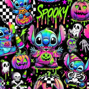 May include: A black fabric pattern featuring neon-coloured illustrations of Stitch characters, pumpkins, skulls, ghosts, and candy corn. The word Spooky is written in a bright green dripping font. The design includes checkered patterns and stars.