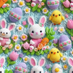 May include: A colorful crocheted Easter scene with bunnies, chicks, and eggs. The bunnies are white with pink accents, the chicks are yellow, and the eggs are purple, pink, and blue. The scene is set against a blue knitted background with flowers and greenery.