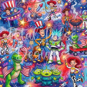 Patriotisk Toy Story sömlöst mönster / 4 juli Woody Buzz sömlöst tryck / Digital pappersfil