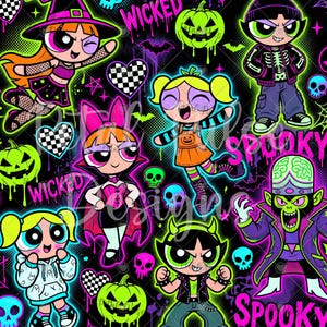 Könnte beinhalten: Ein digitales Muster mit Powerpuff Girls-Charakteren in Halloween-Kostümen, darunter eine Hexe, ein Vampir und ein Skelett, umgeben von neongrünen Kürbissen, Totenköpfen, Fledermäusen, karierten Herzen sowie dem Text WICKED und SPOOKY auf schwarzem Grund.