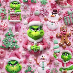 May include: A festive arrangement of Christmas-themed decorations on a pink background. The image features green Grinch figures in Santa hats, snowmen, gingerbread men, Christmas trees, and ornaments in pink, white, and green.