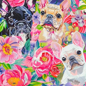 May include: Three French Bulldogs with different colored fur are surrounded by colorful flowers. The dogs are looking at the camera. The flowers are pink, purple, yellow, and green.