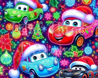 rainbow Christmas cars seamless pattern/ Neon Christmas santa seamless print/ Christmas race car seamless/ winter holiday digital paper