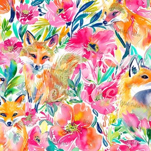 Preppy foxy floral Seamless Pattern/ Tropical flower beach fox seamless print/ summer fall seamless/ forest animal digital paper Sublimation
