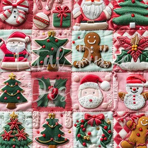Embroidery Patchwork Pink Christmas Seamless Pattern/ Santa Snowman Gingerbread Man Christmas Tree Poinsettia Wreath Fabric Design print